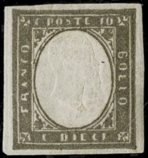 SARDEGNA 1861 - 14Ca: 10c grigio olivastro scuro con doppia effigie molto distanziata (a cavallo)