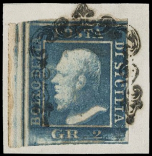 SICILIA 1859 - 06a: 2gr azzurro oleoso I tav. ritocco 71 (NA) BdF su frammento