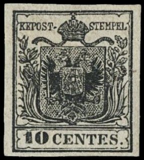 LOMBARDO VENETO 1850 - 02d: 10c nero intenso carta a mano
