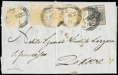LOMBARDO VENETO 1850 - 01g+2: 5c giallo arancio ST3 e singolo con 10c nero da "BELLUNO 18/11" a Padova