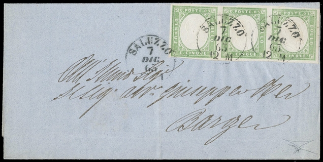 SARDEGNA 1855 - 13Eb: 5c verde chiaro smorto ST3 da "SALUZZO 7 DIC 63" a Barge