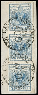 LOMBARDO VENETO ANNULLI 1850 - 12+pt.5: 45c azzurro ST3 verticale da "CASTIGLIONE DELLE STIVIERE 31 AGO."