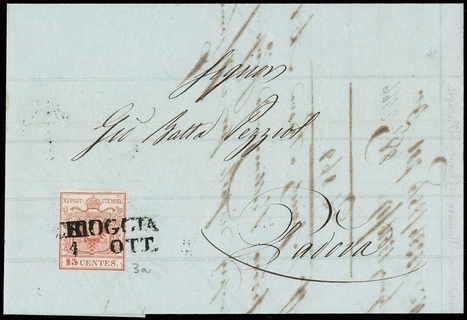 LOMBARDO VENETO ANNULLI 1859 - 03a+pt.7: 15c I tir.da "CHIOGGIA 1 OTT." a Padova