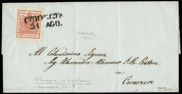 LOMBARDO VENETO ANNULLI 1852 - 06i+pt.7: 15c da "CHIOGGIA 21 AGO." a Cavarzere