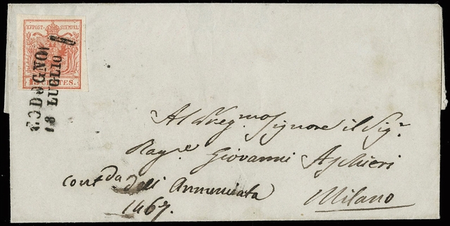 LOMBARDO VENETO ANNULLI 1851 - 03a+pt.4: 15c I tir. da "CODOGNO 18 LUGLIO" (MI) a Milano