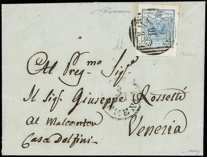 LOMBARDO VENETO 1850 - 10a: 45c I tipo azzurro chiaro con inizio di croce di S.Andrea da "CREMA 10/6" a Venezia