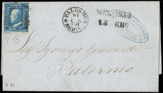 SICILIA 1859 - 07d: 2gr azzurro oltremare BdF da "MESSINA 1859 14 FEB°" per Palermo