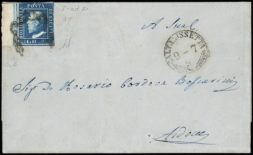 SICILIA 1859 - 06f: 2gr I tav. azzurro vivo BdF rit. 81 da "CALTANISSETTA 9 - 7" ad Aidone
