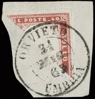 SARDEGNA 1855 - 16Ea: 40c rosa chiaro frazionato diagonalmente a metà su frammento annullato "ORVIETO - UMBRIA 31 MAG 63"