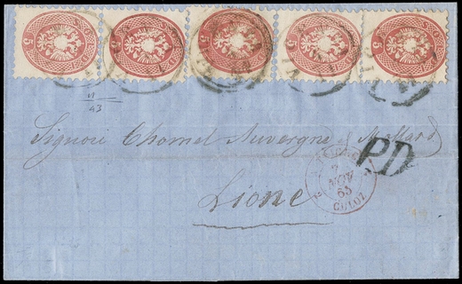 LOMBARDO VENETO 1865 - 43: 5s rosa coppia + 3 esemplari singoli da "VICENZA 4/11" a Lione