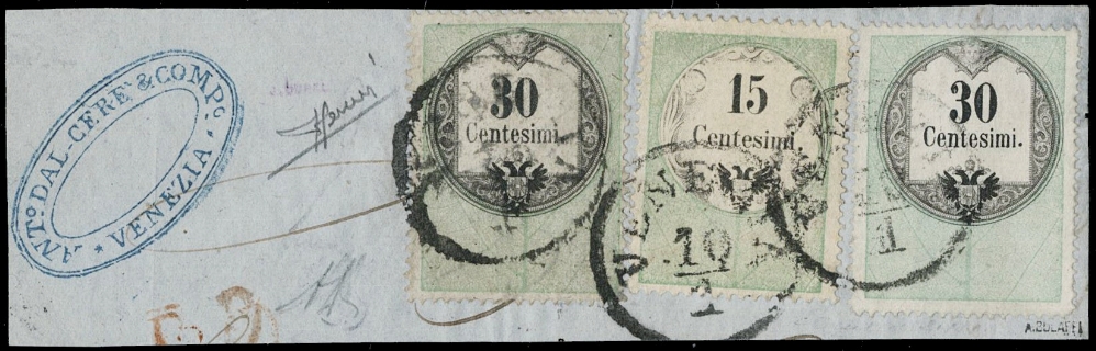 LOMBARDO VENETO 1854 - 04+7: FISCALI, 15c verde e nero e 30c verde e nero due esemplari su frammento annullato "VENEZIA 10/1"