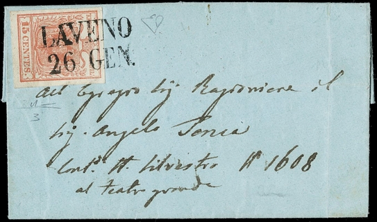 LOMBARDO VENETO ANNULLI 1850 - 03+pt.8: 15c rosso da "LAVENO 26 GEN." su piccola lettera di colore blu per Milano