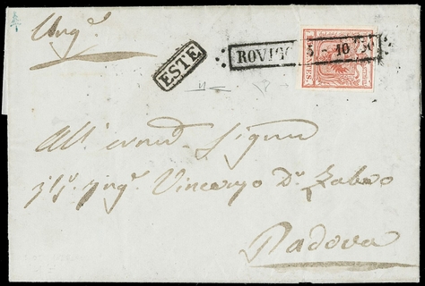 LOMBARDO VENETO ANNULLI 1850 - 03b+pt.10: 3b rosso carminio da "ROVIGO 5-10-50" a Padova