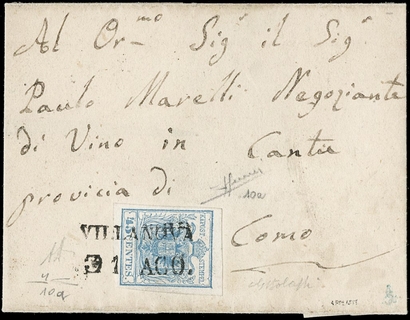 LOMBARDO VENETO ANNULLI 1850 - 10a+pt.10: 45c azzurro chiaro da "VILLANOVA 31 AGO." a Como