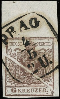 AUSTRIA 1850 - 04: 6kr bruno BdF con piega originale di carta accordeon annullato "PRAG 4/5" riquadrato
