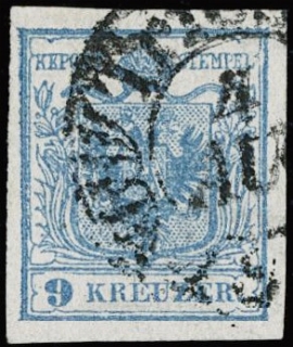 AUSTRIA 1850 - 05b: 9kr cifra molto spostata a sinistra "TRIEST 4 AU 50"