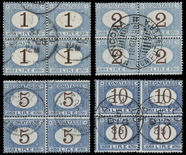 ITALIA REGNO 1870 - T11/14: Segnatasse 1L, 2L, 5L, 10L usati BL4