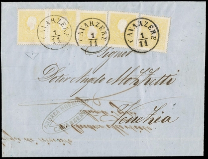 LOMBARDO VENETO 1858 - 28: 2s II tipo giallo 5 esemplari da "Cavarzere 1/1" a Venezia
