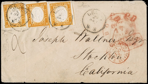 SARDEGNA 1858 - 17D: 80c arancio carico tre esemplari da "GENOVA 29 SET 62" su busta per Stockton (California)