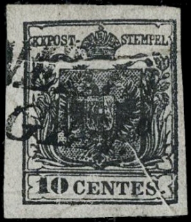 LOMBARDO VENETO 1850 - 02e var: I emissione 10c nero carbone carta a mano con pli d'accordéon e frammento di filgrana usato