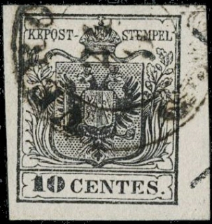 LOMBARDO VENETO 1850 - 02: 10c nero usato con inizio di croce di Sant'Andrea