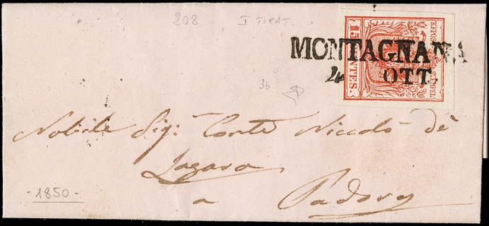 LOMBARDO VENETO 1850 - 3b+pt.6: 15c rosso carminio da "MONTAGNANA 4 OTT." a Padova