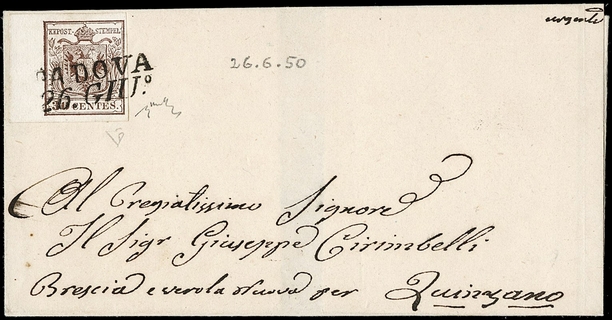 LOMBARDO VENETO 1850 - 7b: 30c bruno AdF su lettera da "PADOVA 26 GIU.°"