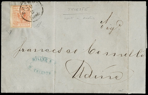 1857 LOMBARDO VENETO - 20a+pt.12: 15c rosso vermiglio chiaro CM usato in Austria da "TRIEST 20/2 ABENDS" a Udine
