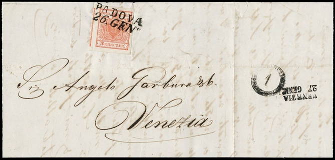 1851 LOMBARDO VENETO - AUSTRIA 03: 3kr rosso carta a mano su lettera da "PADOVA 26. GEN" a Venezia