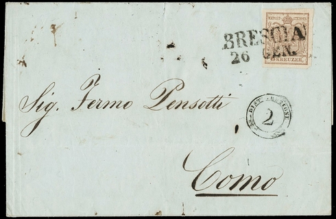LOMBARDO VENETO 1851 - AUSTRIA 4: 6kr bruno su lettera da "BRESCIA 26 GEN." A COMO
