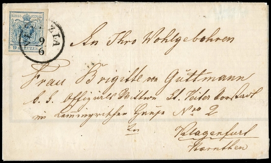 LOMBARDO VENETO 1851 - AUSTRIA 5: 9kr azzurro II tipo da "VENEZIA 9/6" a KLAGENFURT