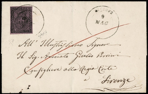 PARMA ANNULLI 1854 - 04+pt.11: 25c violetto da "BAGNONE 9 MAG" a Firenze