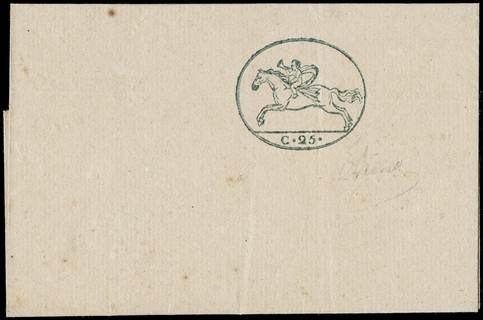 SARDEGNA 1819 - 02: CAVALLINI, EMISSIONE PROVVISORIA, 25C SU MEZZO FOGLIO NUOVO CON LEGGERA PIEGA