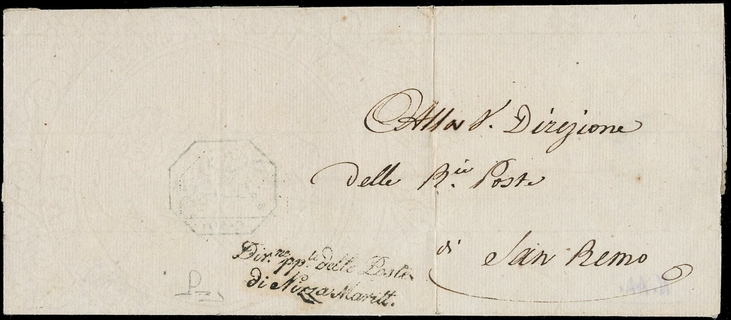 SARDEGNA 1819 - 03A: CAVALLINI, EMISSIONE PROVVISORIA, 50c SU MEZZO FOGLIO DA NIZZA MARITTIMA A SANREMO