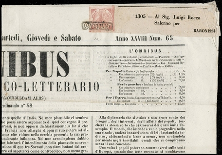 NAPOLI 1858 - 02c: 1/2 grano carminio II tavola �ANNULLATO� su "L'OMNIBUS" per Baronissi