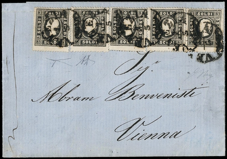 LOMBARDO VENETO 1858 - 24a: 3s grigio nero I tipo 5 esemplari su lettera indirizzata a Vienna