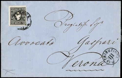 LOMBARDO VENETO 1858 - 24A: 3s nero grigio I tipo isolato su lettera da "VERONA" per città