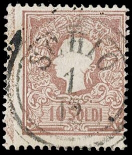 LOMBARDO VENETO 1858 - 26: 10s bruno I tipo con principio di Croce di S.Andrea da "SCHIO 1/12"