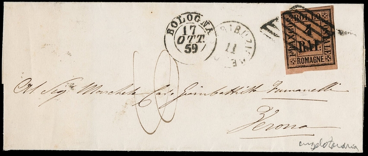 GOVERNO PROVVISORIO DELLE ROMAGNE 1859 - 05: 4baj fulvo da "BOLOGNA 17 OTT. 59" a Verona