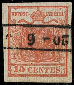 LOMBARDO VENETO 1851 - 15: 15c rosso vermiglio carta a coste verticali  annullato "20 - 6"