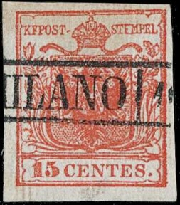 LOMBARDO VENETO 1851 - 14: 15c rosso vermiglio costolato I tipo annullato"MILANO"