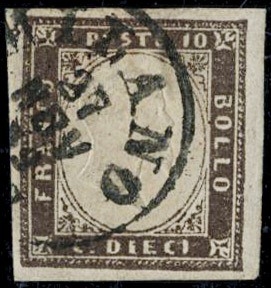 SARDEGNA 1855/63 - 14Ab: 10c bruno violaceo usato