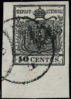 LOMBARDO VENETO 1850 - 02e:10c nero carbone AdF con filigrana