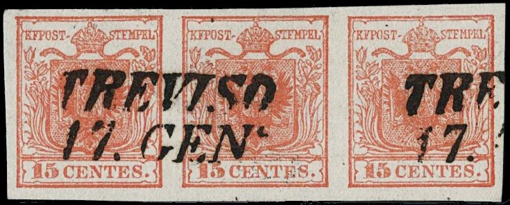 LOMBARDO VENETO 1850 - 03f:15c rosso vermiglio chiaro ST3 da "TREVISO 17. GEN"