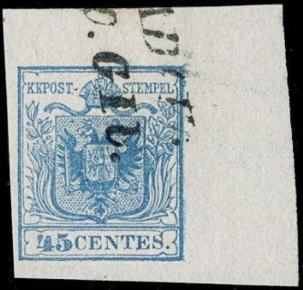 LOMBARDO VENETO 1850 - 10a: 45c azzurro chiaro I tipo I tir. AdF