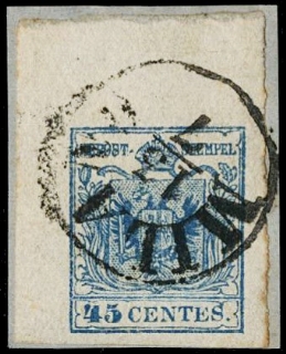 LOMBARDO VENETO 1850 - 12:45c azzurro III tipo AdF da "MILANO 13/7" su frammento