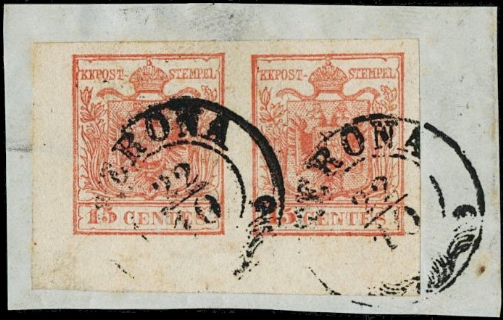LOMBARDO VENETO 1854/57 - 20: 15c lotto di tre esemplari, singolo + coppia e ST3 su frammento