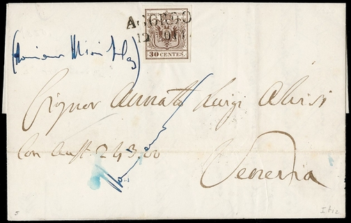 LOMBARDO VENETO 1850 - 07b: 30c bruno su lettera da "AGORDO 12 OTT." a Venezia