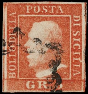 SICILIA 1859 - 11: 5gr vermiglio II tav. annullato con parte del bollo a ferro di cavallo
