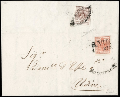 LOMBARDO VENETO 1850 - 06c+9: 15c rosa rosso e 30c bruno lillaceo da "S.VITO 1 DIC" su lettera raccomandata per Udine